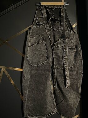 Washed Black Wide-Leg Denim Jumpsuit Pants